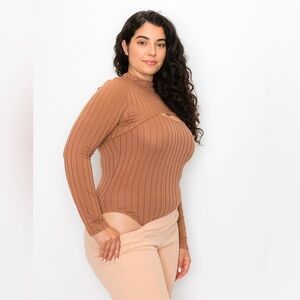 Plus Size Elegant Mocha Brown Ribbed Stretch Women's Bodysuit